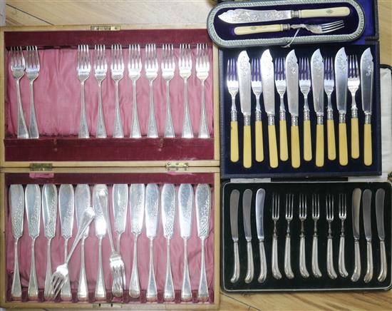 A cased late Victorian fish knife and fork and three other cased sets.